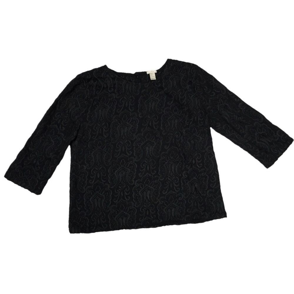 J. Crew Shirt Black Subtle Texture Embroidered 3/4 Sleeve Button Back Women's XS